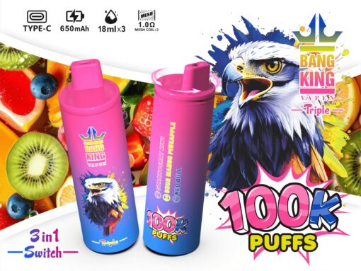 Two colorful vape devices labeled 'BANG KING' with an eagle graphic, showcasing flavors like Strawberry Kiwi and Sour Mango Pineapple, set against a vibrant fruit background, with claims of 100K puffs and features like Type-C charging and 650mAh battery.
