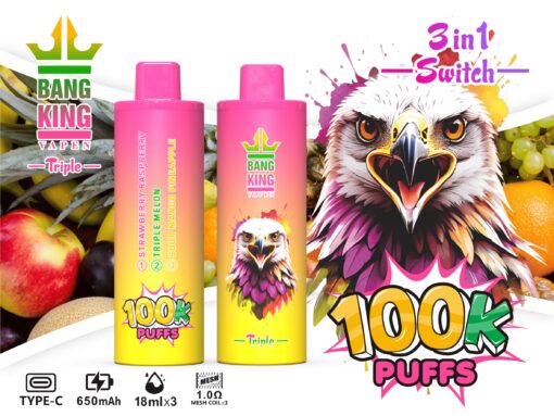 A vibrant vape product packaging for Bang King Vapen featuring two colorful canisters labeled 'Triple' with flavors like 'Strawberry Raspberry,' 'Triple Melon,' and 'Sour Mango Pineapple,' alongside a graphic of an eagle's head and the text '100K PUFFS' prominently displayed, emphasizing its features and colorful fruit background.