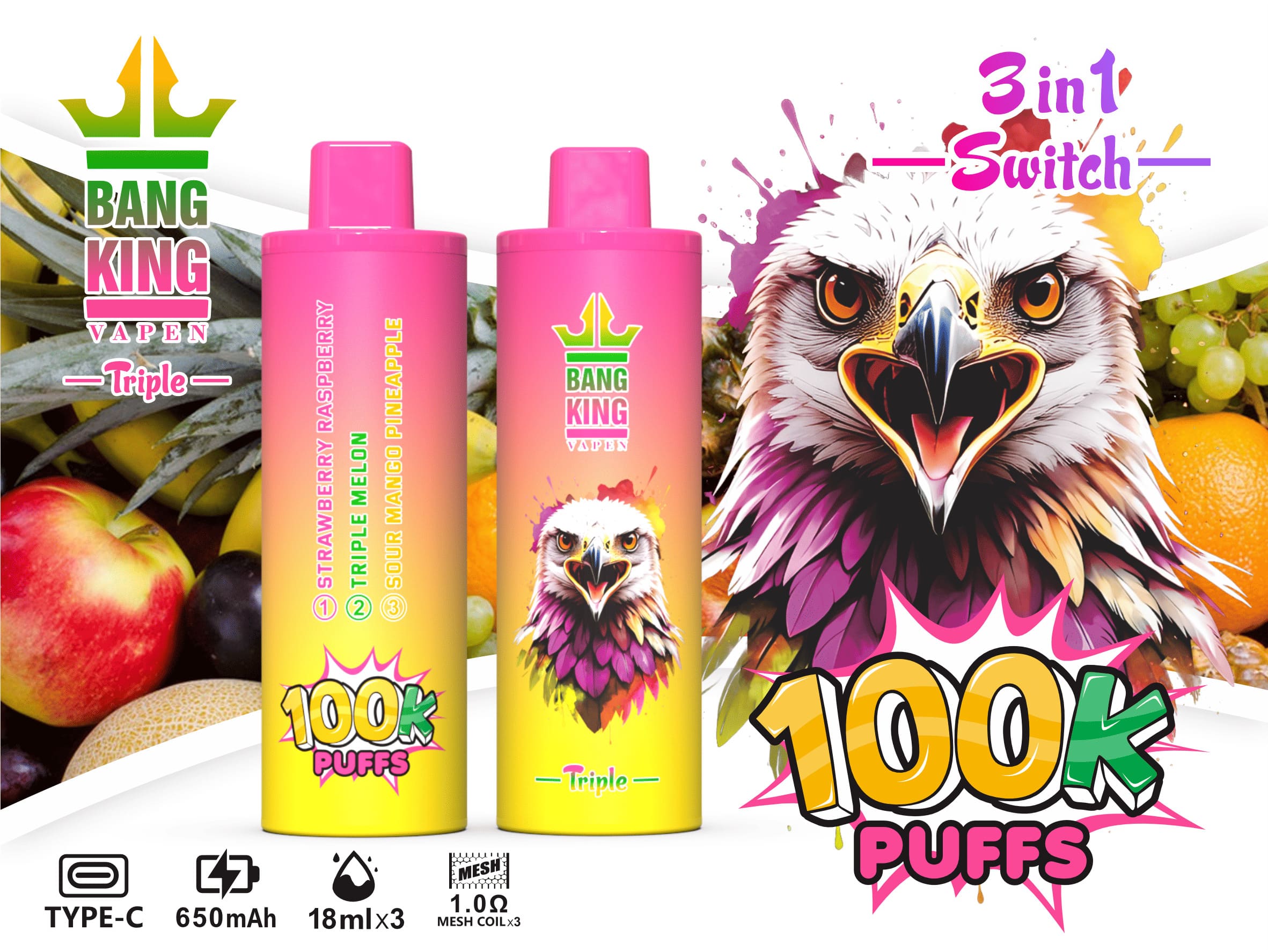 A vibrant vape product packaging for Bang King Vapen featuring two colorful canisters labeled 'Triple' with flavors like 'Strawberry Raspberry,' 'Triple Melon,' and 'Sour Mango Pineapple,' alongside a graphic of an eagle's head and the text '100K PUFFS' prominently displayed, emphasizing its features and colorful fruit background.