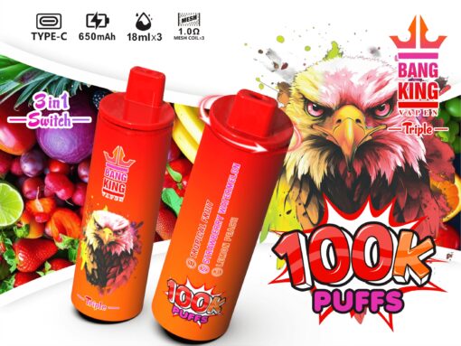 A vibrant packaging of Bang King vape, featuring a colorful design with a fierce eagle graphic, showcasing features like 100k puffs, 650mAh battery, and a three-in-one switch indicator, set against a background of various fruits.