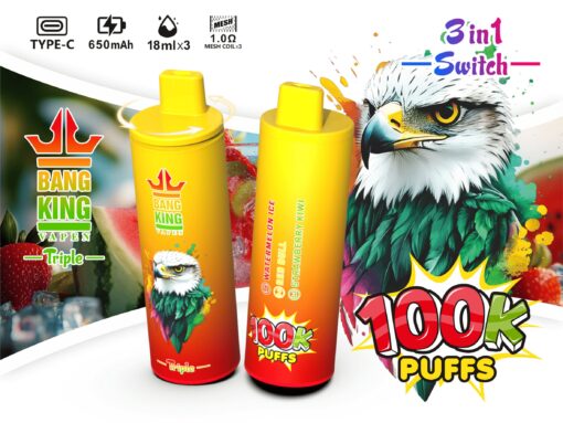 A colorful advertisement featuring two vape devices from Bang King, showcasing the 'Triple' flavor option with an eagle illustration, along with details about its specifications like Type-C charging and 100,000 puffs, set against a backdrop of fruit imagery including watermelons and strawberries.
