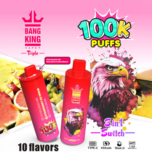 Bang King の 2 台の VAPE デバイスは、10 万パフのラベルが貼られ、カラフルなワシのグラフィックが特徴で、鮮やかなピンクの背景にフルーツが描かれ、フレーバーを強調し、押して回転させることでフレーバーを切り替える機能が付いています。.