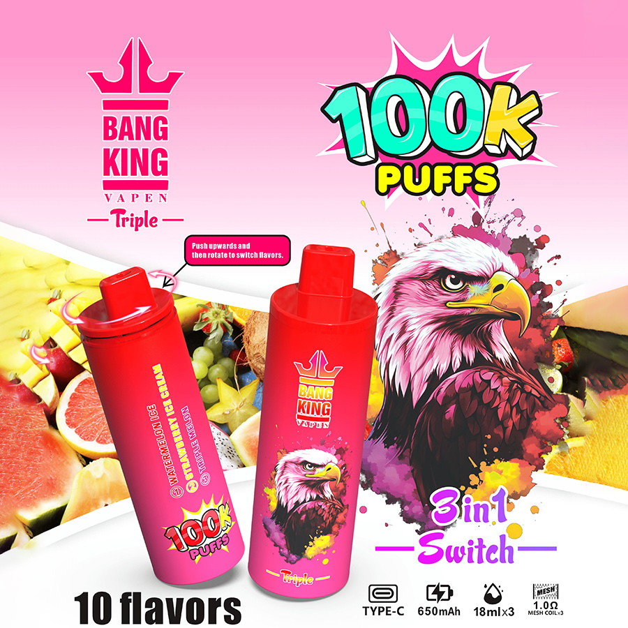 Bang King Triple 100000 Puffs Vape 3 ltanks Triple Flavour System Mesh Coil Typ-C Aufladung 05% Nikotin BangKingVape Bang King Triple 100000 Puffs Vape 3 ltanks Triple Flavour System Mesh Coil Typ-C Aufladung 05% Nikotin BangKingVape