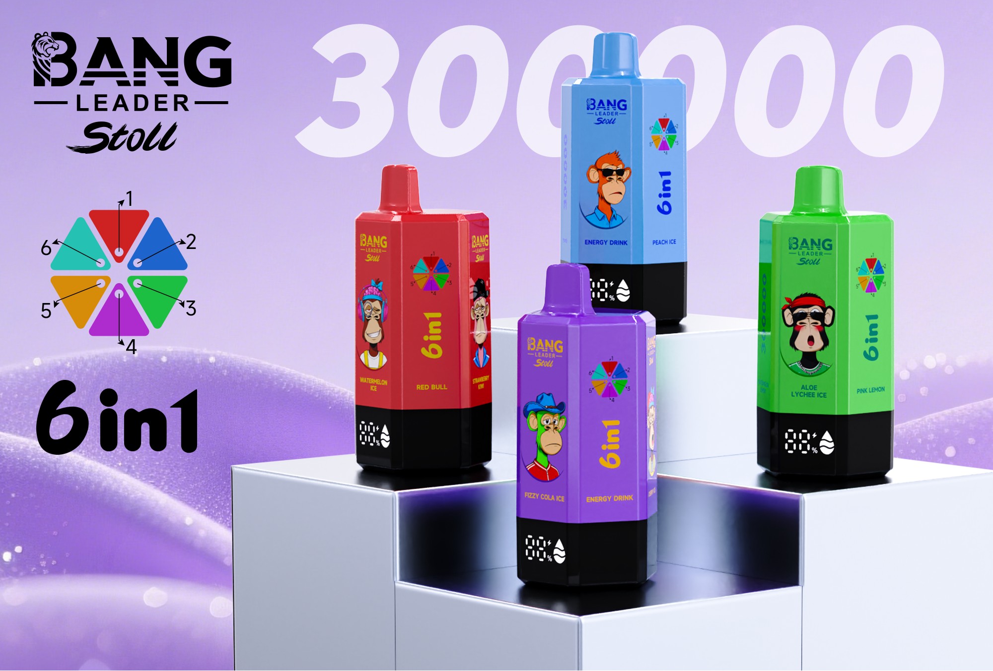 Colorful Bang Leader Stoll 6in1 energy drink cartons with cartoon monkeys on white blocks against a purple background.
