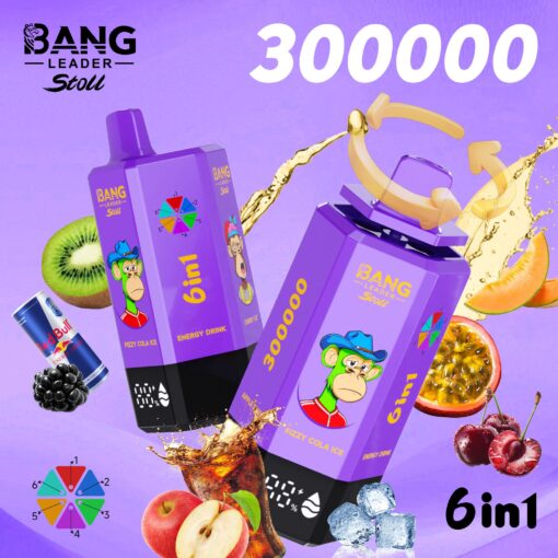 Two purple 6in1 energy drink boxes featuring a cartoon monkey mascot and large 300000 text, surrounded by fruit slices and splash effects.