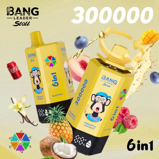 Two yellow Bang Leader Stoll 6in1 cartons with a monkey mascot, pineapple, coconut and berries around; 300000 in white.