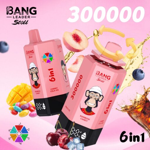 Two pink 6in1 drink cartons with a cartoon monkey mascot, featuring rainbow candy and cherry cola ice flavors on a pink background.