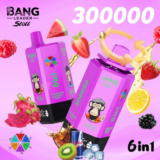Two purple rectangular bottles with a cartoon monkey logo on a pink background, labeled 6in1 and surrounded by fruit.