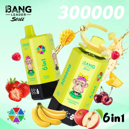 Two lime-green 6in1 juice bottles with a monkey logo, strawberry-banana and double-apple flavors, amid fruit and 300000.