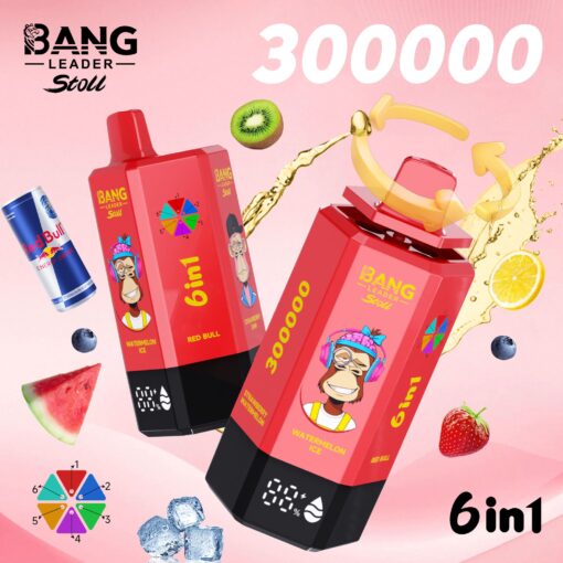 Bright pink ad for 6in1 Bang energy drinks showing three red packs with cartoon monkey mascots, fruit graphics, and a large 300000 text.