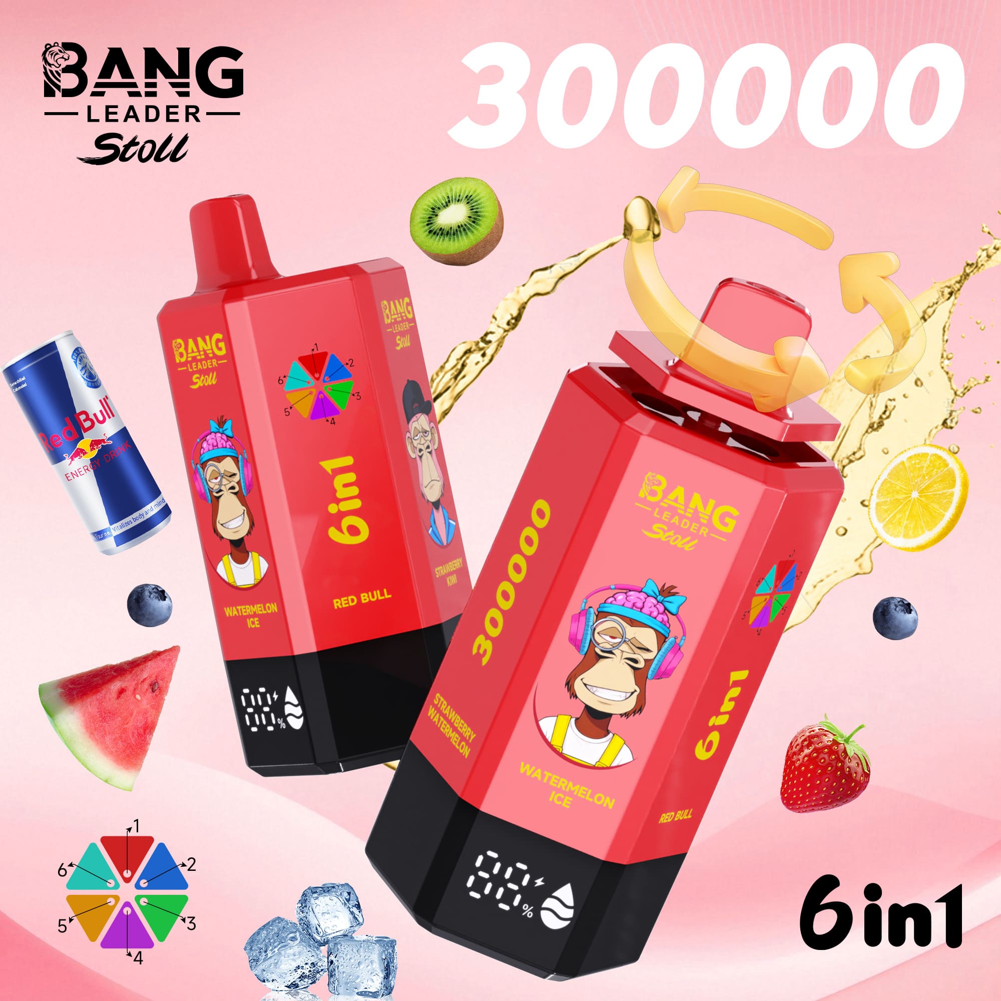 Bright pink ad for 6in1 Bang energy drinks showing three red packs with cartoon monkey mascots, fruit graphics, and a large 300000 text.