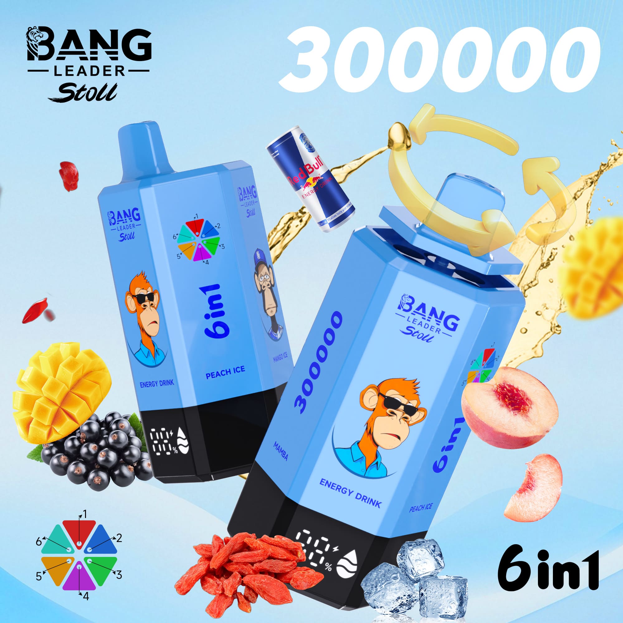 Two blue 6in1 energy drink cartons featuring a monkey mascot and peach ice flavor, surrounded by fruit and a Red Bull can.