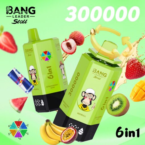 Bright green Bang Leader Stoll 6in1 fruit pops ad with two green bottles showing a cartoon monkey, surrounded by strawberries, kiwi, mango, and bananas.