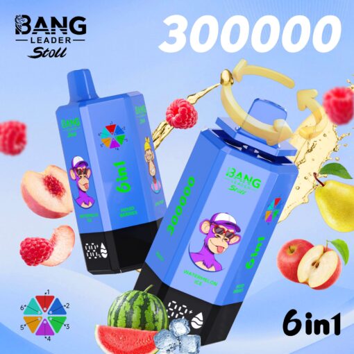 Two blue 6in1 Bang Leader Stoll bottles with a monkey logo, flanked by peaches, raspberries and watermelon on a gradient.