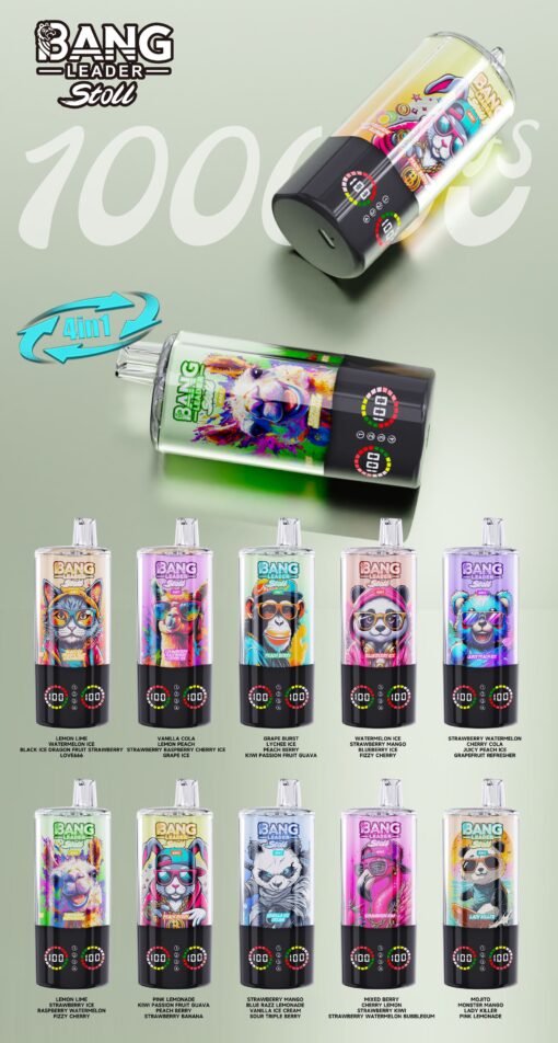 Two Bang Leader Stoll vape devices with bright artwork hover above a row of twelve flavored bottles featuring cartoon animal labels on a pale green background.