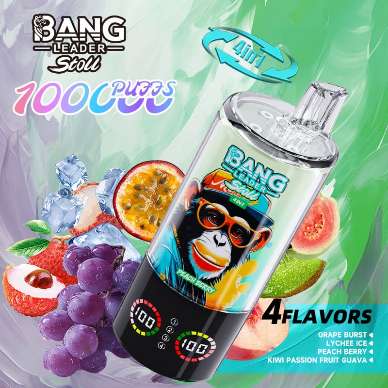 Bright portable blender bottle with fruit graphics and a digital display; flavors include Grape Burst, Lychee Ice, Peach Berry, Kiwi Passion Fruit Guava.
