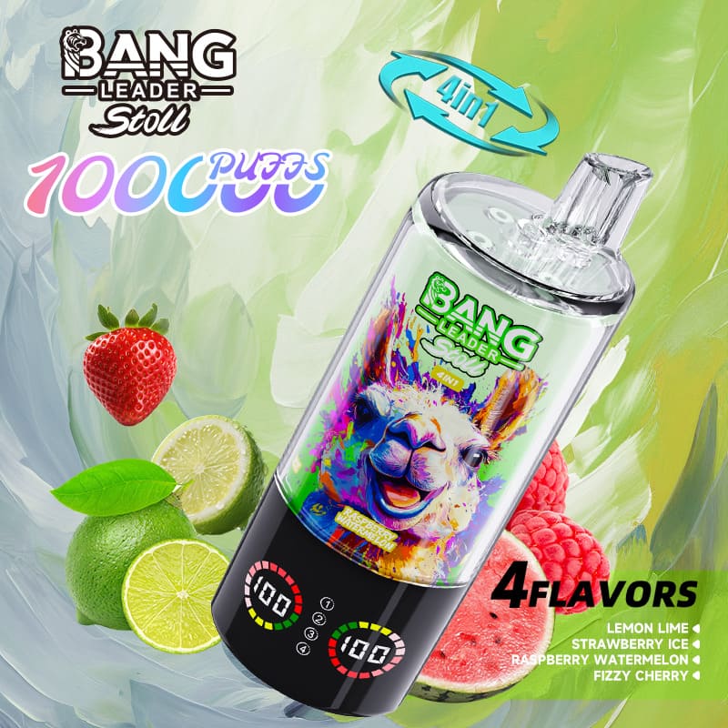 Bang Leader disposable vape bottle with 1000 puffs and four flavors: Lemon Lime, Strawberry Ice, Raspberry Watermelon, Fizzy Cherry.
