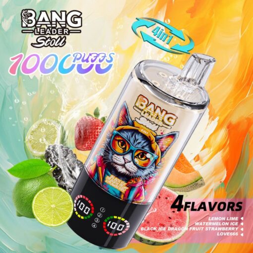 Bang energy drink can featuring a cat wearing sunglasses, against a fruit-splash background, advertising four flavors.