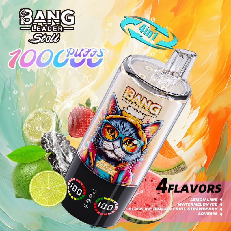 Bang energy drink can featuring a cat wearing sunglasses, against a fruit-splash background, advertising four flavors.
