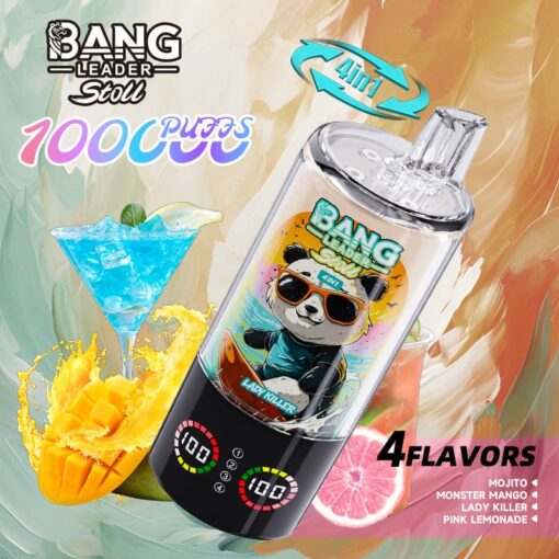 Colorful vape bottle with a panda in sunglasses on the label, set among tropical fruits; features 4 flavors.