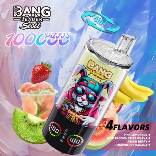 Bright disposable vape labeled Bang Leader 4in1 with a sunglasses-wearing bunny, framed by fruits and four flavors.