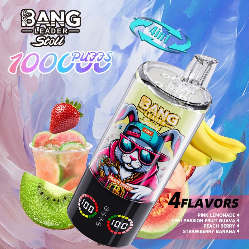 Bright disposable vape labeled Bang Leader 4in1 with a sunglasses-wearing bunny, framed by fruits and four flavors.