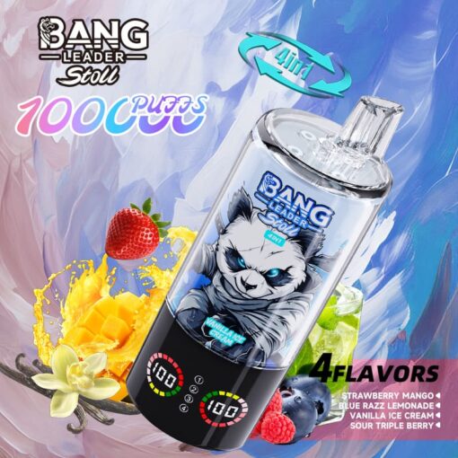 Clear vape device with a blue-eyed wolf label and black base with readouts, four flavors including vanilla ice cream.
