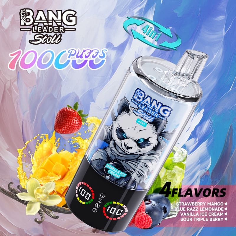 Clear vape device with a blue-eyed wolf label and black base with readouts, four flavors including vanilla ice cream.