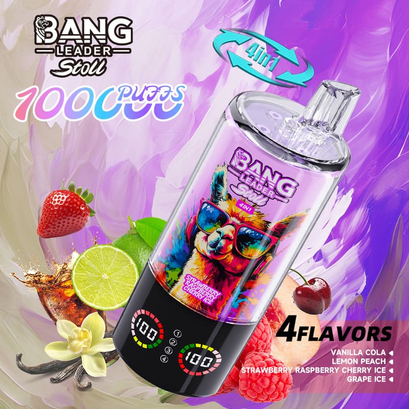 Colorful shaker bottle with a neon llama on the label, set against a purple background, promoting four flavors.