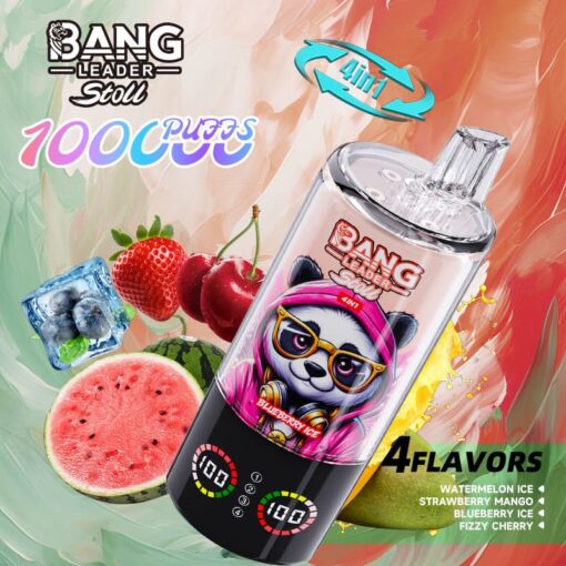 ぼやけたラベル、4 つのフレーバー、スイカ、イチゴ、チェリー、氷が付いた Bang Leader Stoll ベイプ ボトルのカラフルなバナー。.