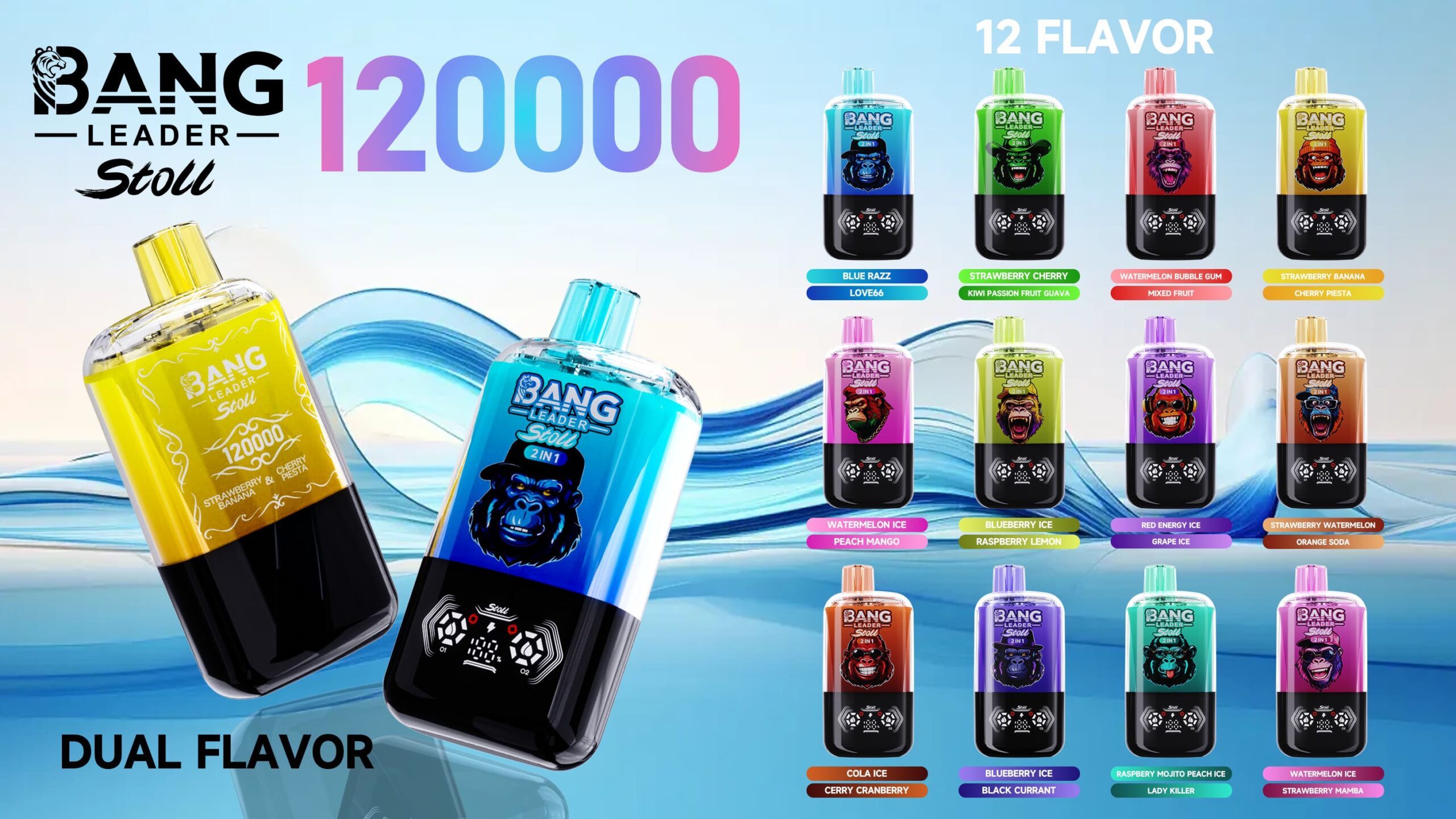 A graphic featuring a variety of Bang Leader products, prominently displaying a dual flavor bottle labeled '12000' and showcasing twelve different flavor options with vivid colors and playful designs, against a light blue background with abstract waves.