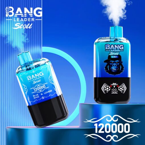 Two bottles of Bang Leader Soul vape, one featuring a blue design with labels '120000' and 'BLUE & LOVE66', and the other marked '2IN1' with a streamlined black base and control buttons, set against a bright blue background with a smoke effect.