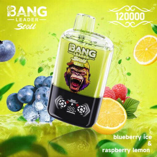 A bright green vape device labeled 'BANG LEADER Stoll' with a digital display, surrounded by blueberries, lemons, raspberries, and ice cubes, suggesting a fruity flavor of blueberry ice and raspberry lemon.
