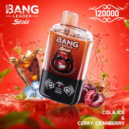 A vibrant display of a cola ice and cherry cranberry flavored vape product branded as Bang Leader, featuring its distinctive bottle design with splashes of soda and cherries in a colorful setting.