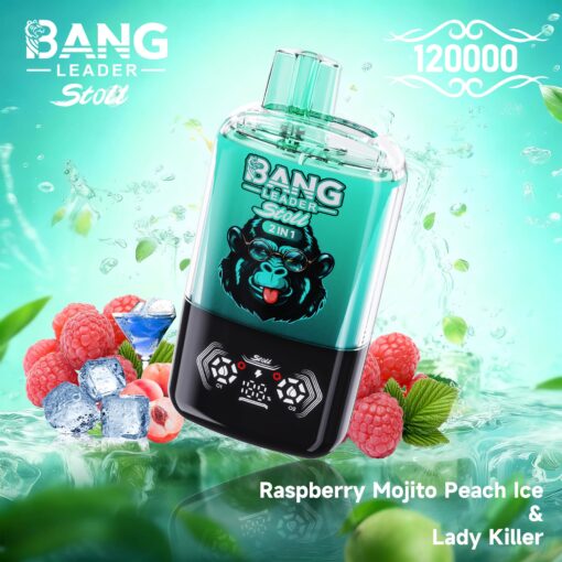 A colorful vape device branded 'BANG LEADER Stolt' with a transparent green body, displaying flavors 'Raspberry Mojito Peach Ice & Lady Killer,' alongside fresh raspberries and ice cubes, set against a refreshing backdrop with splashes of water and green leaves.