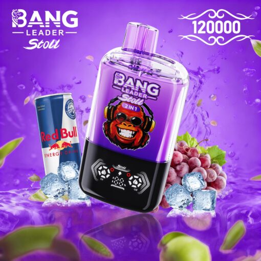 A vibrant purple container labeled 'Bang Leader Stoll' featuring a digital display at the bottom, surrounded by ice cubes, green leaves, grape clusters, and a can of Red Bull, all set against a purple splash background with the number '120000' in the top right corner.