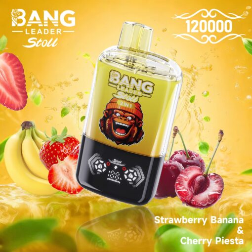 A vibrant image showcasing a Bang Leader Stoll device featuring a monkey face logo and two flavor options: Strawberry Banana and Cherry Fiesta, surrounded by fresh strawberries, bananas, and cherries against a bright yellow background with a digital display.