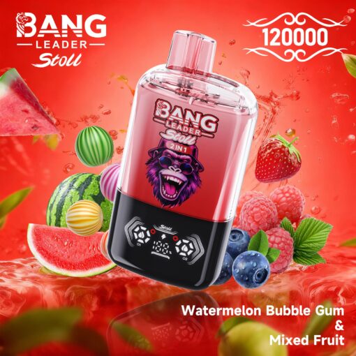 A vibrant, red vape device labeled 'Bang Leader Stoll' surrounded by various fruits such as watermelon, strawberries, raspberries, and blueberries, with 'Watermelon Bubble Gum & Mixed Fruit' written on the side, emphasizing its flavor profile.