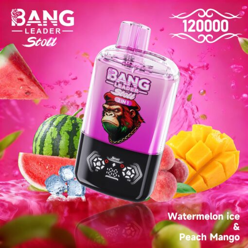 A colorful vape device labeled 'BANG LEADER Stoll' sits prominently against a vibrant, fruity backdrop featuring watermelon, mango, and ice, suggesting flavors of watermelon ice and peach mango.