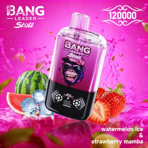 A vibrant pink advertisement featuring a vape device labeled 'BANG LEADER Stolt' with flavor notes of watermelon ice and strawberry mamba, surrounded by fresh watermelon, strawberries, and ice cubes against a splashy pink background.