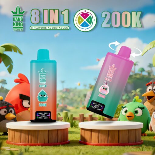 Dos botellas de vaporizador Bang King 8 en 1 degradadas sobre pedestales de madera, verde azulado/naranja y rosa/verde, con una etiqueta de 200K y pájaros.