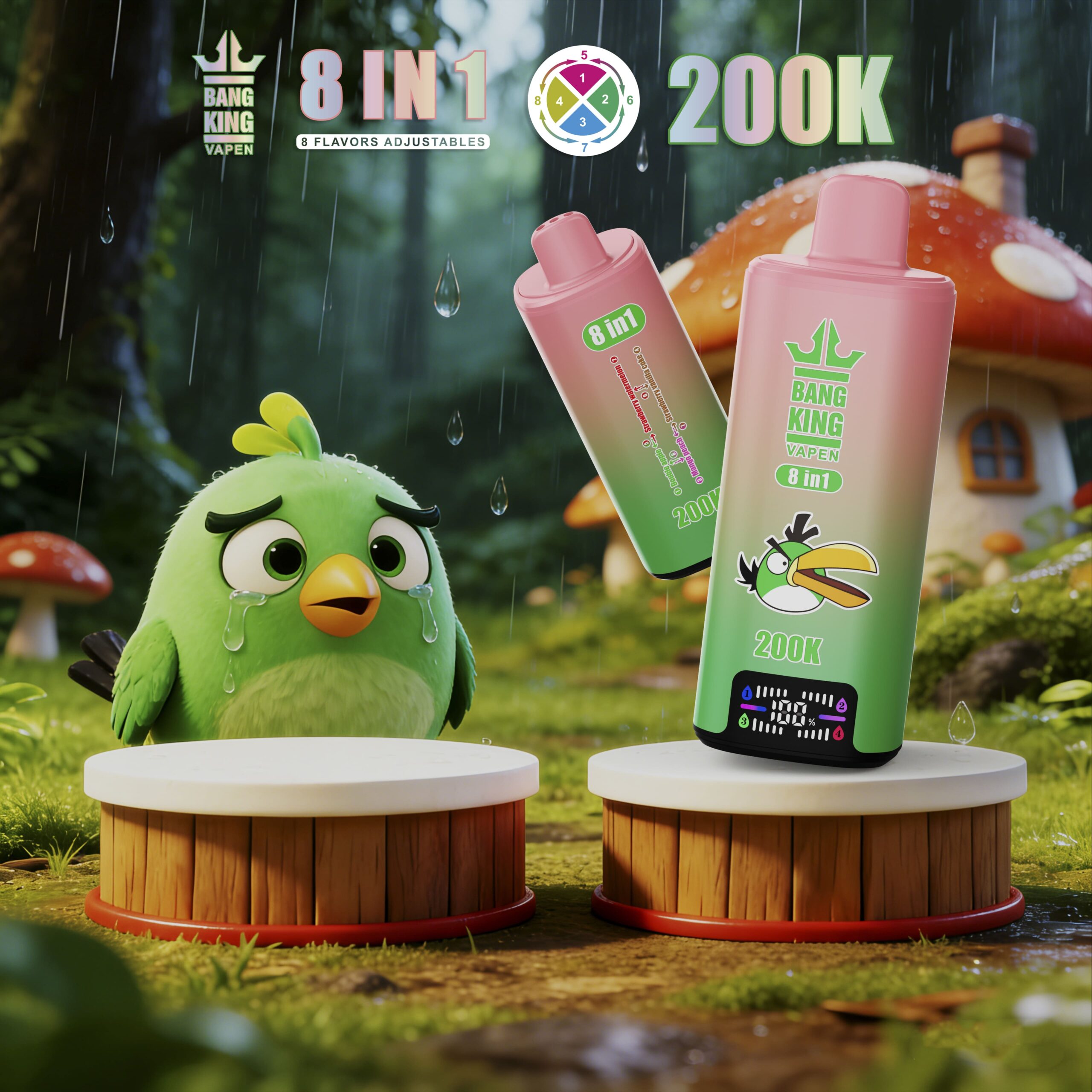 Green cartoon parrot crying beside two pink Bang King Vapen 8-in-1 200K vape devices on wooden pedestals in a rainy forest with large mushrooms.