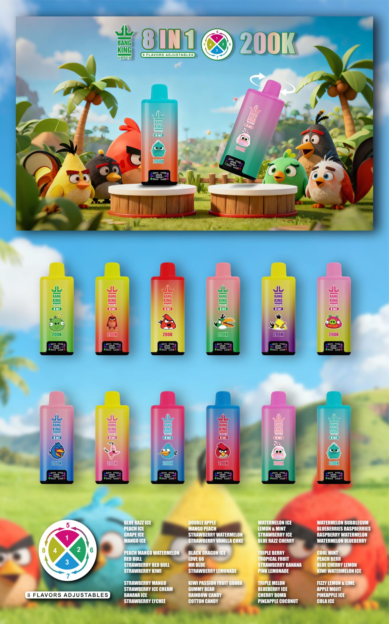 Bottiglie da vaporizzatore 8 in 1 colorate di Bang King su un palco tropicale con Angry Birds, due sul podio.