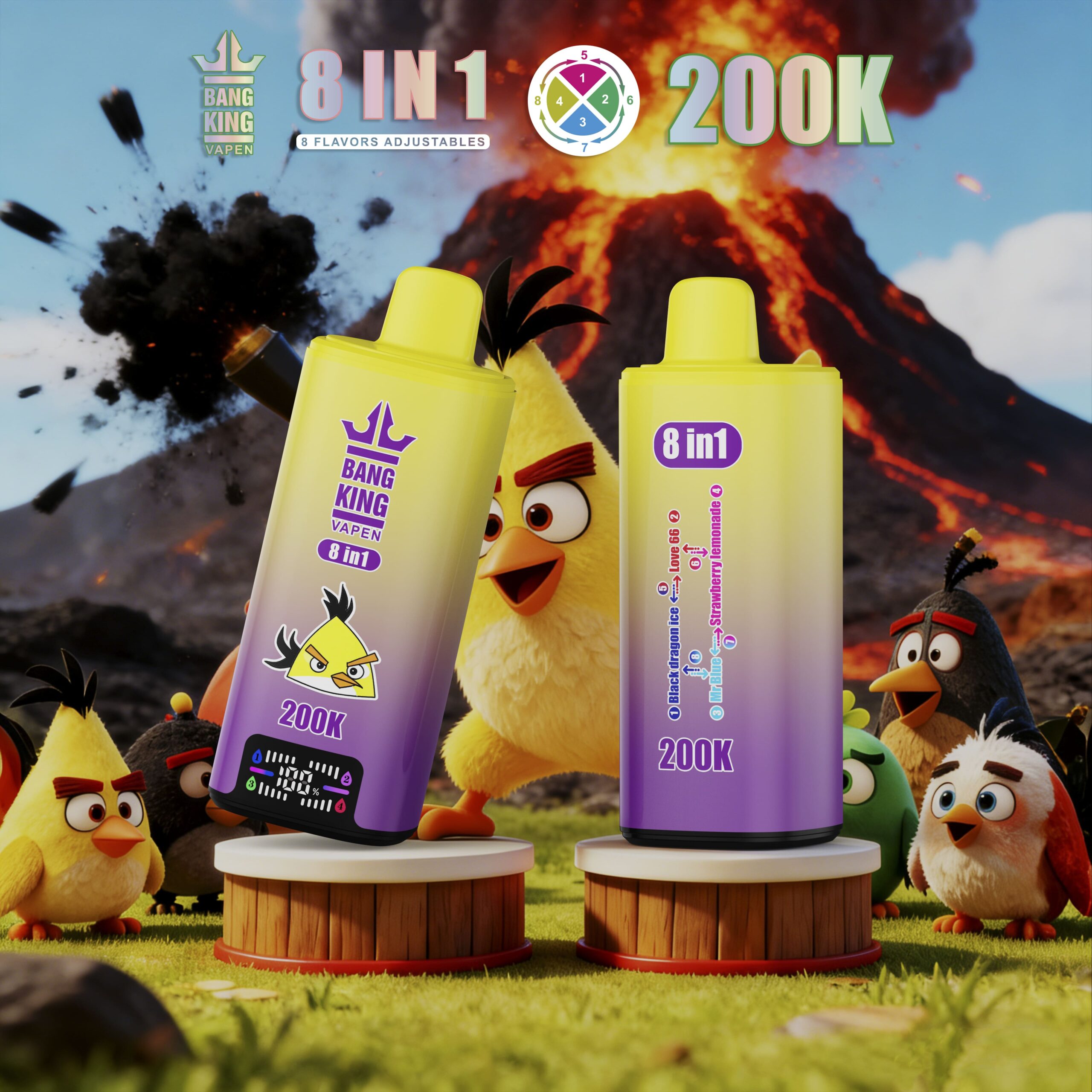 Due bottiglie di vaporizzatore Bang King gialle su piedistalli espositivi, 8 in 1 e 200K, con un vulcano in eruzione e personaggi di Angry Birds nelle vicinanze.