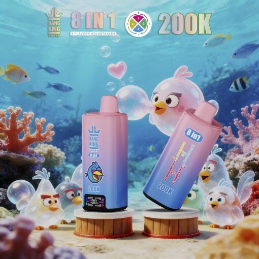Two pink gradient Bang King 8-in-1 vape devices on wooden pedestals underwater, with bubbles and cartoon birds, 200K price.