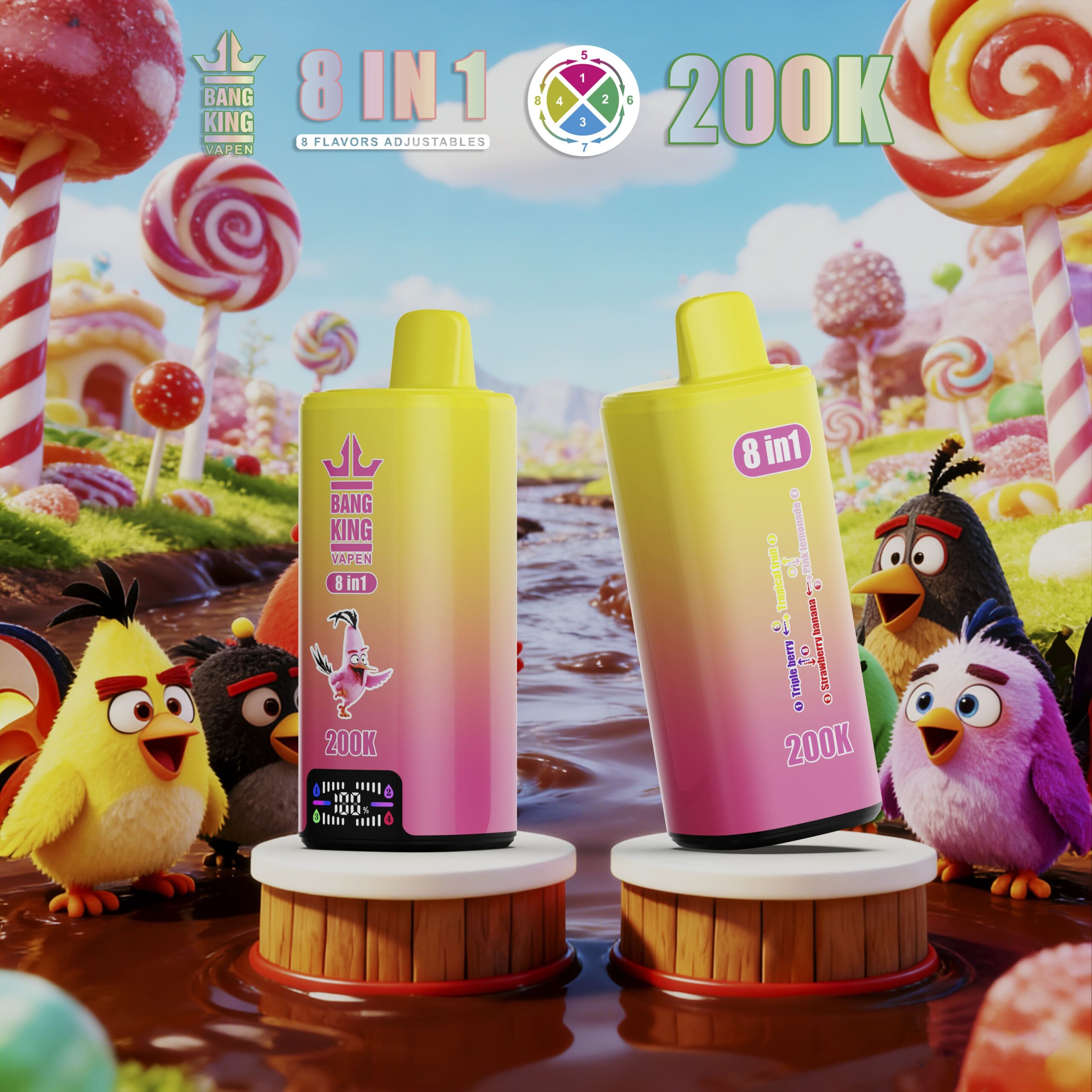 Due bottiglie di vaporizzatore giallo-rosa sfumate etichettate 8 in 1 e 200K stanno su piedistalli in una scena di Candyland con uccelli dei cartoni animati.