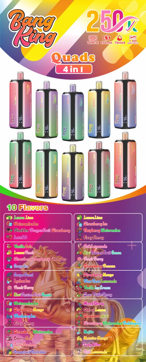 Bright Bang King Quads 4 az 1-ben vape poszter, amely tíz szivárvány gradiens eszközt és egy 10 ízből álló menüt mutat.