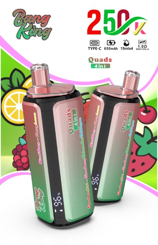 Zwei rosa und grüne Bang King Quad 4-in-1-Vape-Geräte vor einem lebendigen Hintergrund mit Fruchtmotiven.
