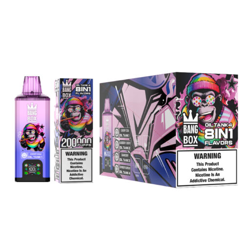 Purple and blue vape device with a cartoon monkey logo, labeled Bang Box Cherry Cola Oil Tank 1, beside boxed flavors and a large colorful box set with warning label.