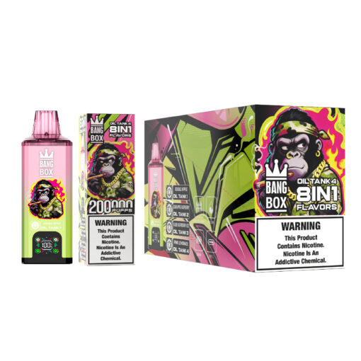 Bright pink and green Bang Box vape bottle with a gorilla logo, next to colorful box designs and a large illustrated box featuring a muscular gorilla and graffiti-style artwork.